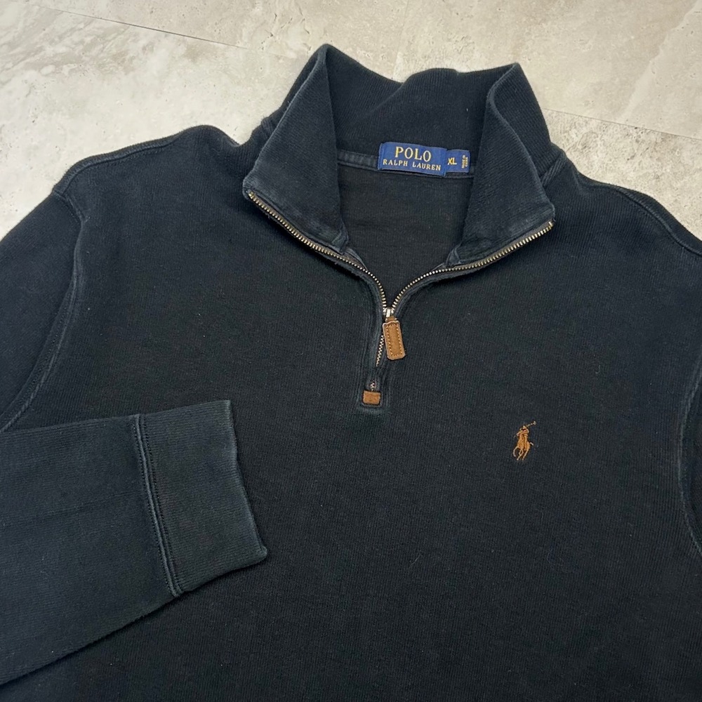 Polo Ralph Lauren Quarter Zip Black Mens XL Cotton Pique Pullover Sweater Logo